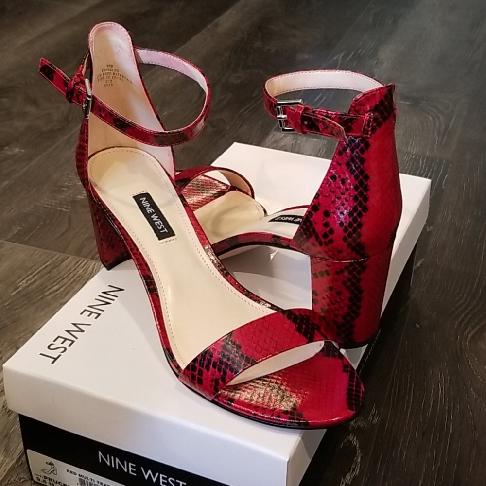 👠 NINE WEST Red Snake Ankle Strap Heeled Sandal